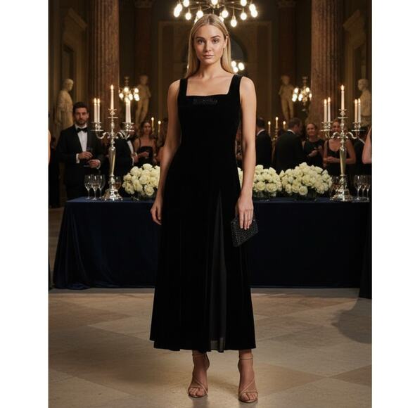 HVN Viv Pleated Chiffon and Velvet Maxi Dress 2 Black NWT - Picture 1 of 10